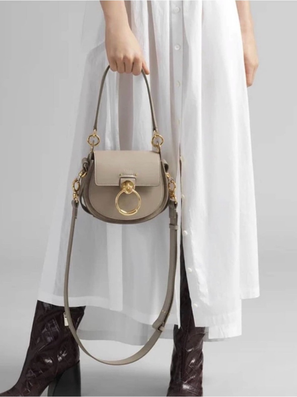 Chloe Small Tess Leather Saddle Bag in Taupe. Dust bag. authentications included